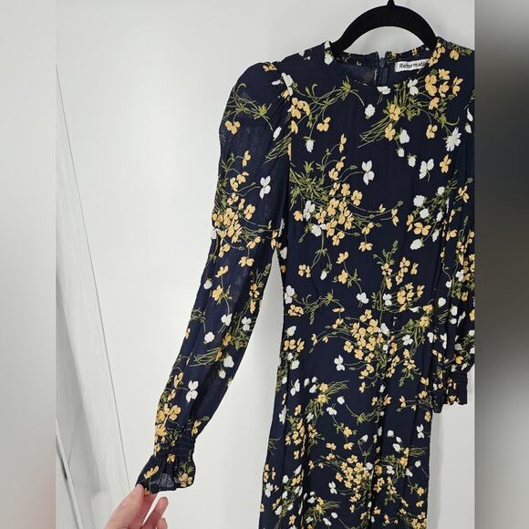 Reformation Navy Floral Bernadette High Neck Midi Dress 0 - Picture 2 of 9